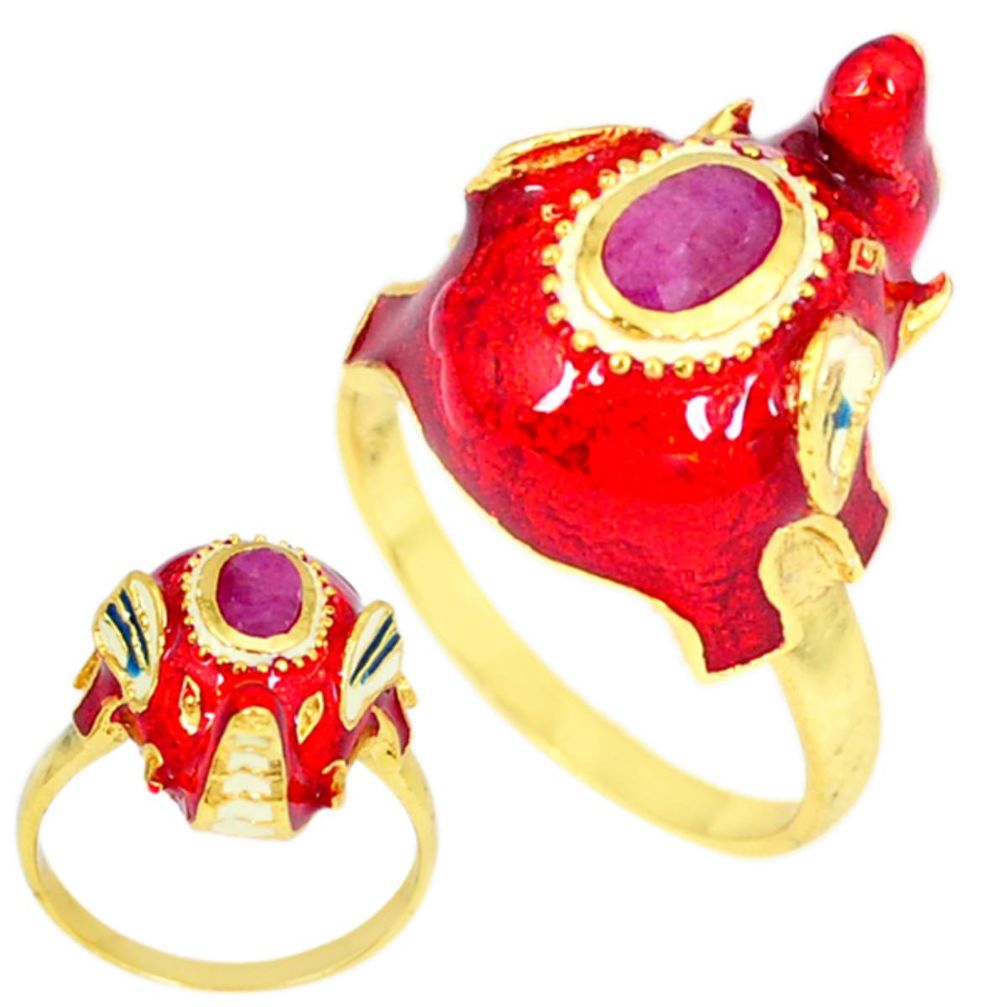 Handmade thai natural red ruby 925 silver 14k gold elephant ring size 8 a48301