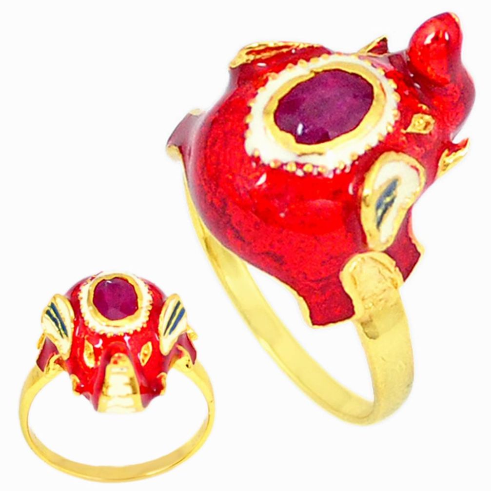 925 silver handmade thai natural red ruby 14k gold elephant ring size 8.5 a48304