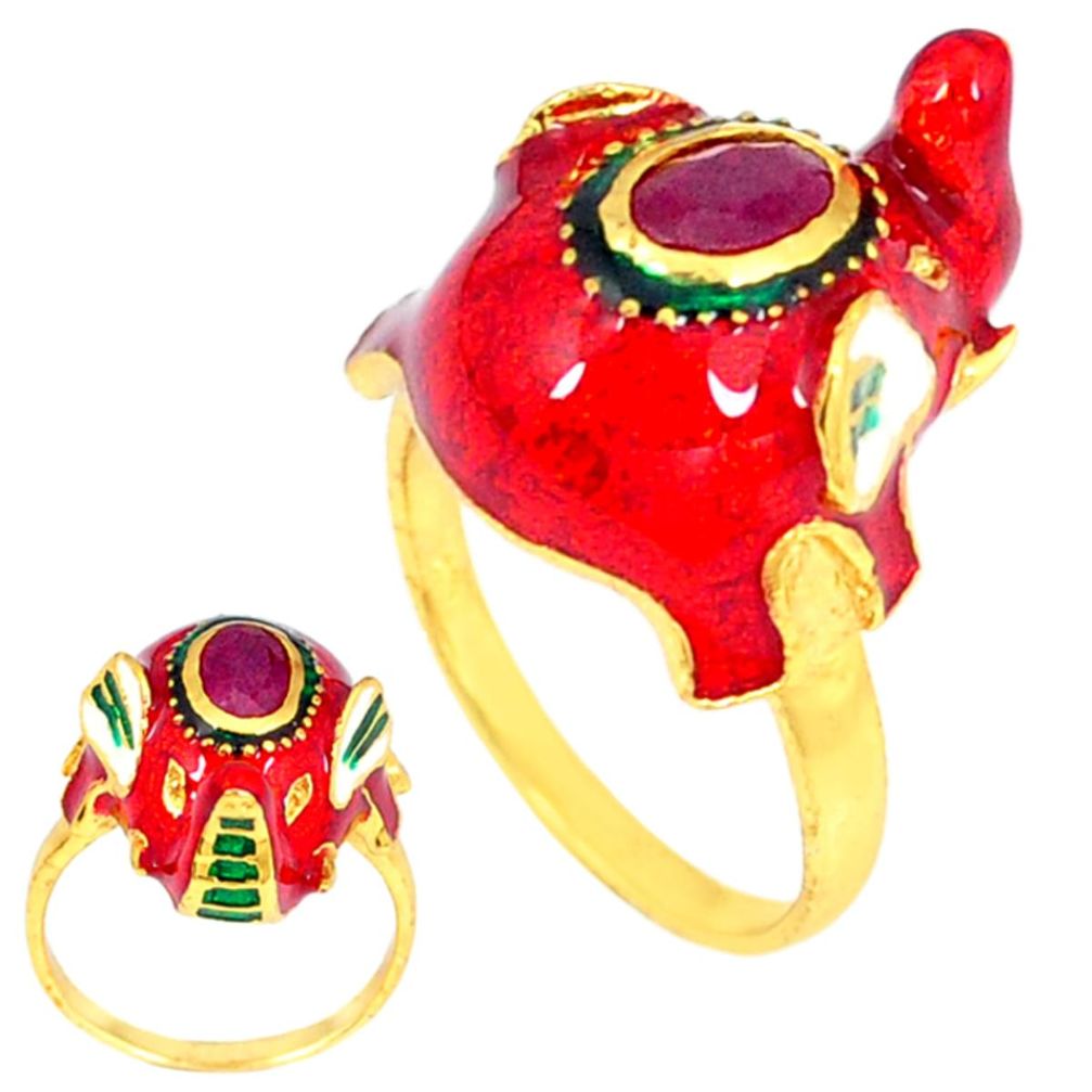 Handmade thai natural red ruby 925 silver 14k gold elephant ring size 5.5 a48368