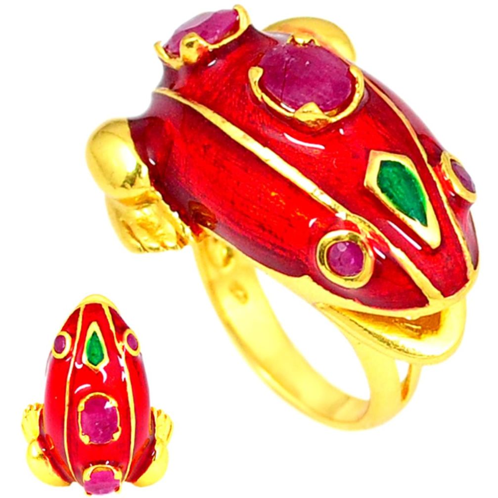 Handmade thai natural red ruby 925 silver 14k gold frog ring size 7 a48395