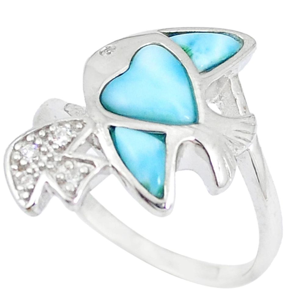Natural blue larimar topaz 925 sterling silver fish ring jewelry size 7.5 a48919