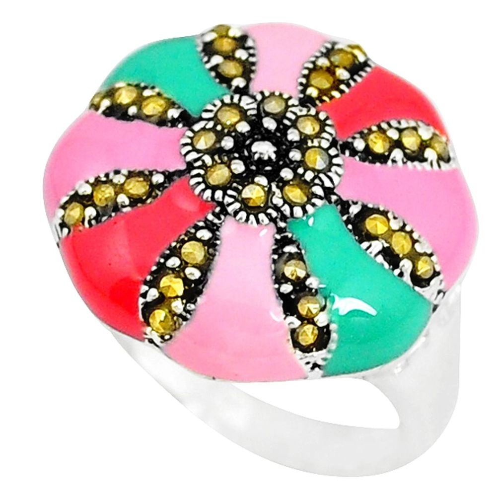 Clearance Sale-925 sterling silver swiss marcasite enamel ring jewelry size 7 a49009