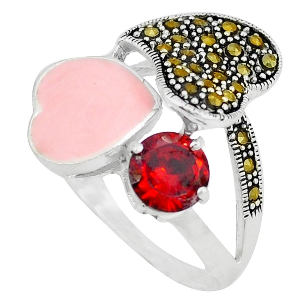 Clearance Sale-Natural red garnet fine marcasite enamel 925 silver ring size 8.5 a49035