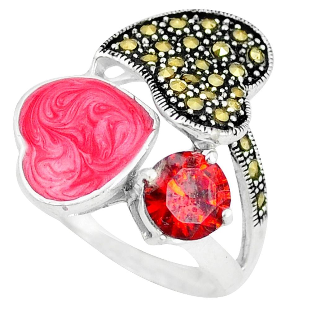 Clearance Sale-Natural red garnet marcasite enamel 925 sterling silver ring size 7 a49056