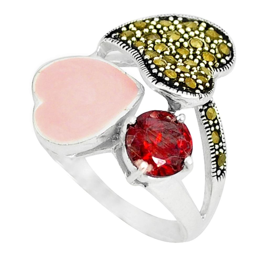 Clearance Sale-Natural red garnet round marcasite enamel 925 silver ring size 7 a49059