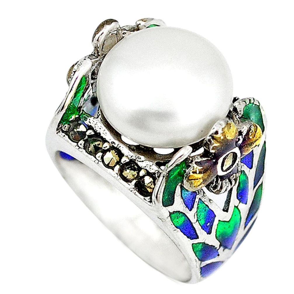 Clearance Sale-925 silver natural white pearl fine marcasite enamel ring size 6.5 a49170