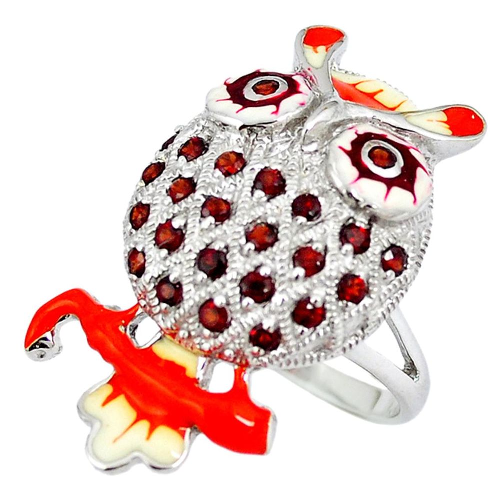 Clearance Sale-Natural red garnet enamel 925 sterling silver owl ring jewelry size 9 a49320