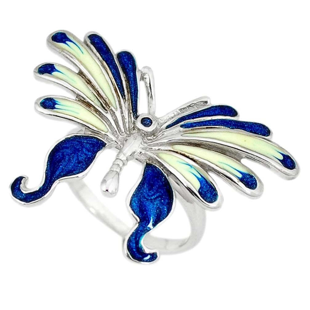 Natural blue sapphire enamel 925 silver butterfly ring size 7 a49335