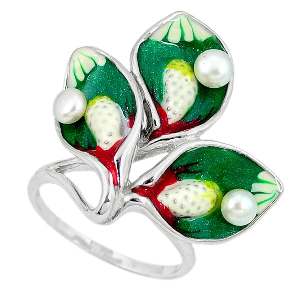 Clearance Sale-Natural white pearl enamel 925 sterling silver ring jewelry size 7 a49348