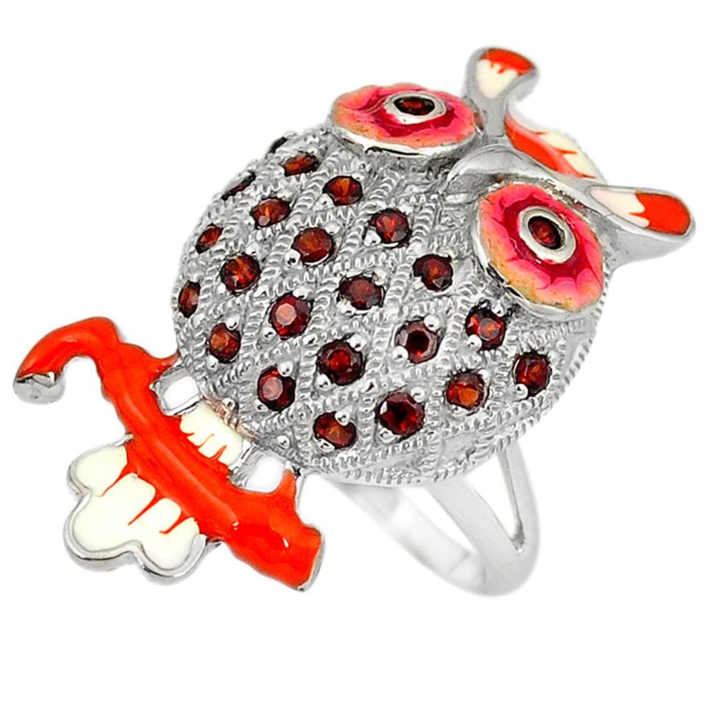 Clearance Sale-Natural red garnet enamel 925 sterling silver owl ring jewelry size 8 a49369