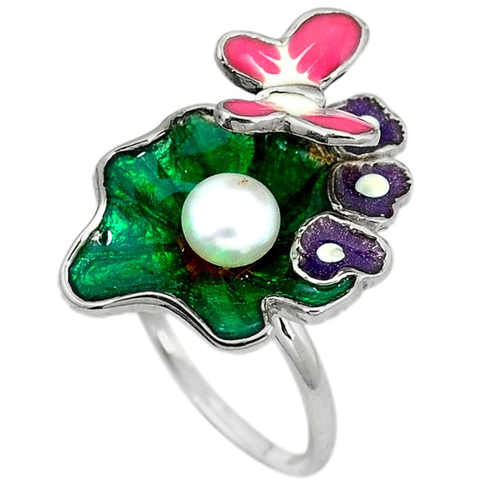 Clearance Sale-925 silver natural white pearl enamel butterfly ring jewelry size 9 a49377