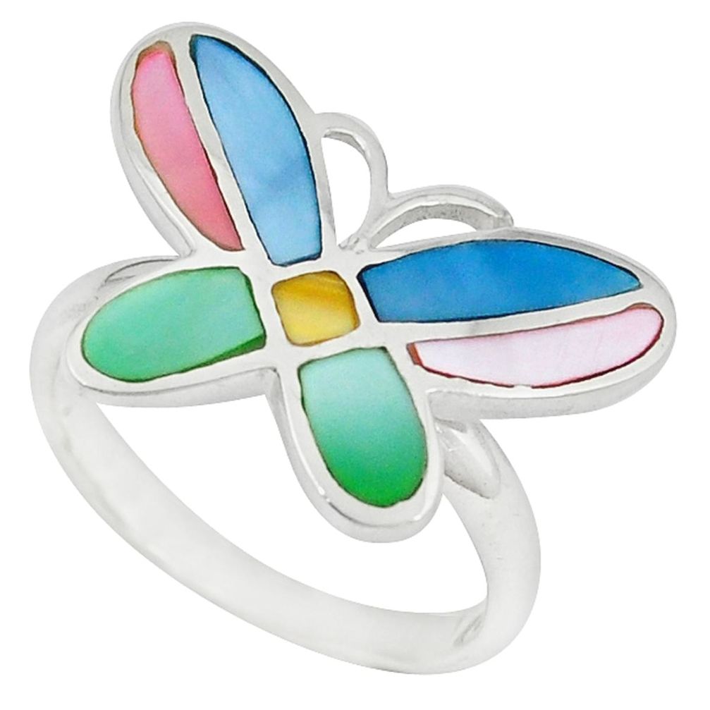 Clearance Sale-Multi color blister pearl enamel 925 silver butterfly ring size 7.5 a49411