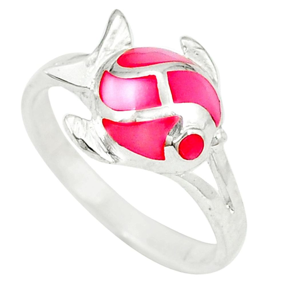 Clearance Sale-Pink pearl enamel 925 sterling silver fish ring jewelry size 6.5 a49475