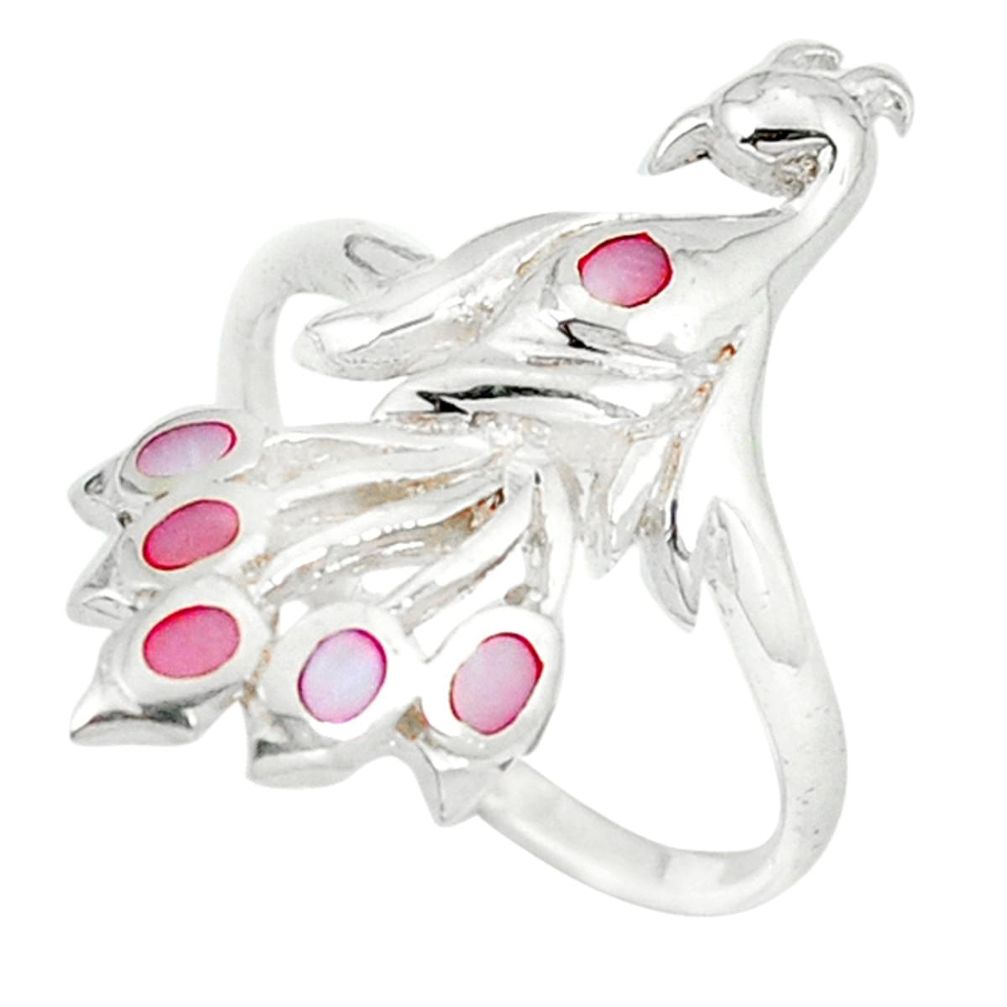 Clearance Sale-Pink pearl enamel 925 sterling silver peacock ring jewelry size 5.5 a49509