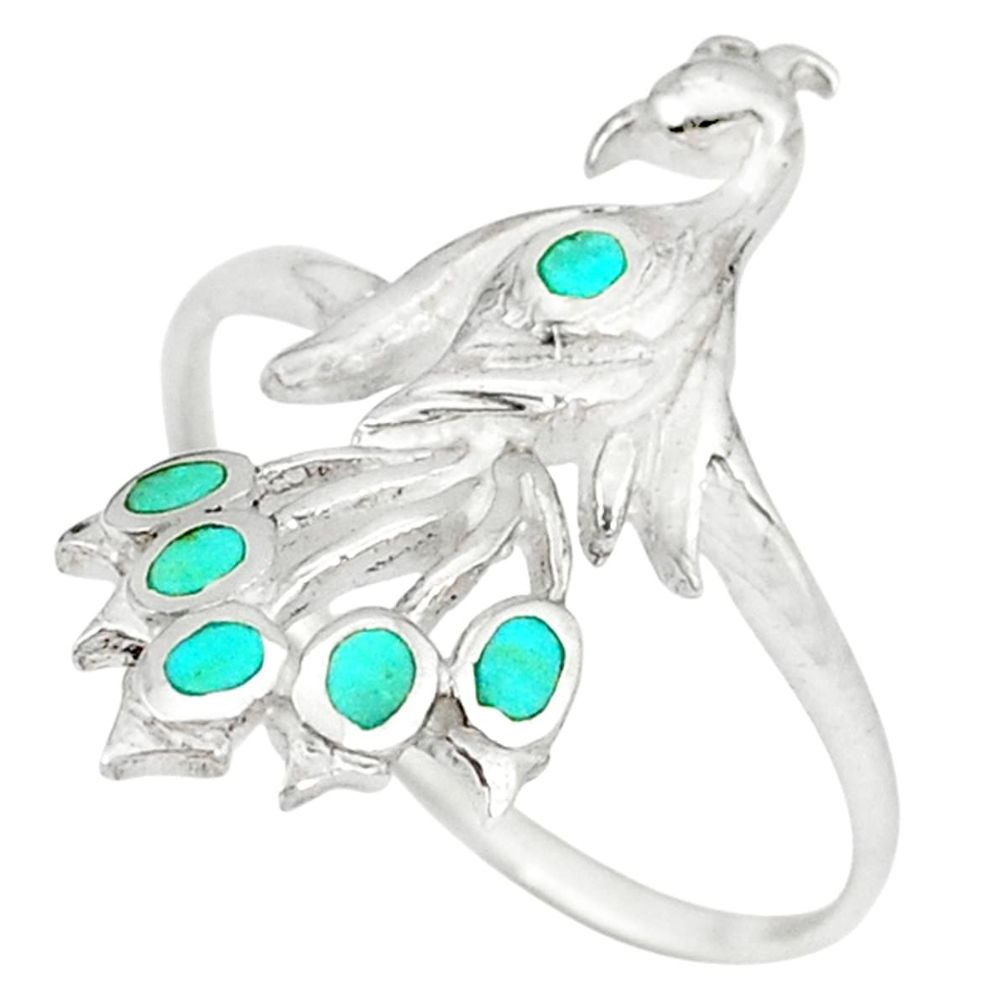 Clearance Sale-Fine green turquoise enamel 925 silver peacock ring jewelry size 7.5 a49559