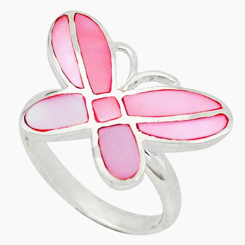 Clearance Sale-Pink pearl enamel 925 sterling silver butterfly ring size 6.5 a49715