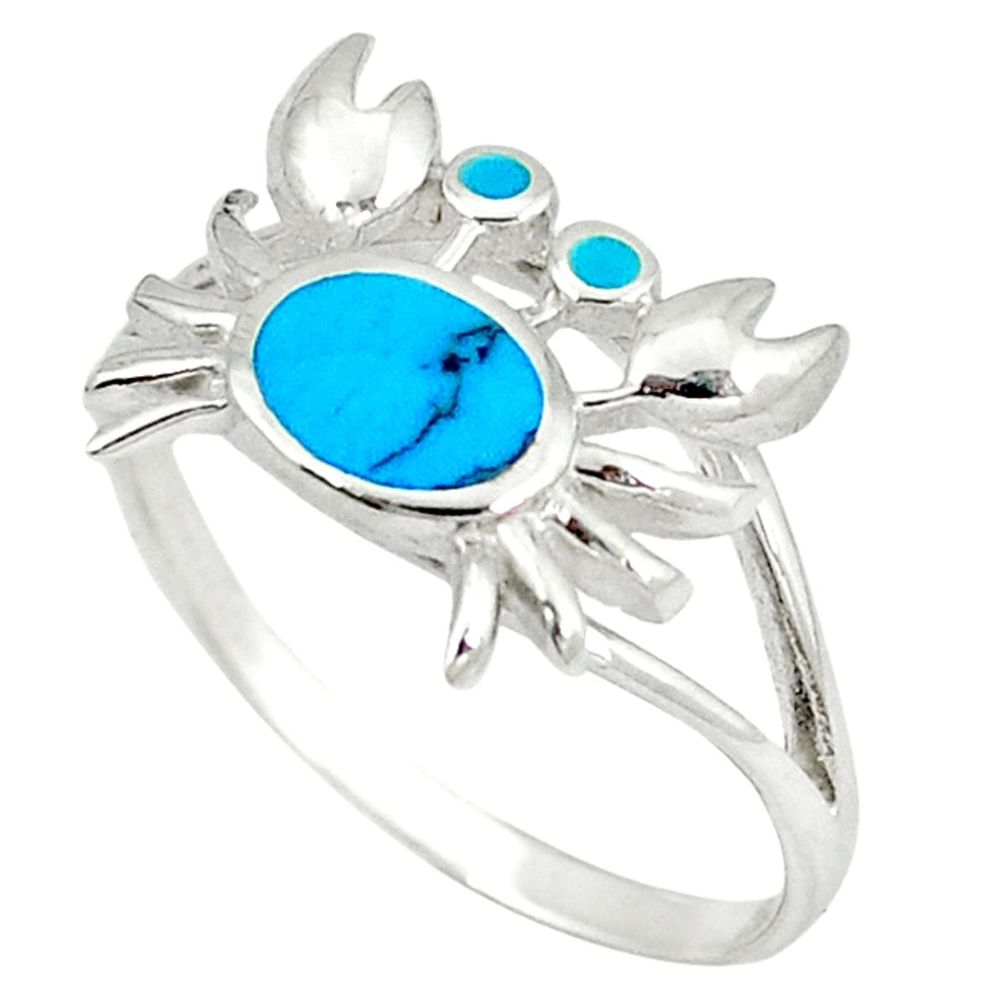 Clearance Sale-Fine blue turquoise enamel 925 sterling silver crab ring size 7.5 a49719