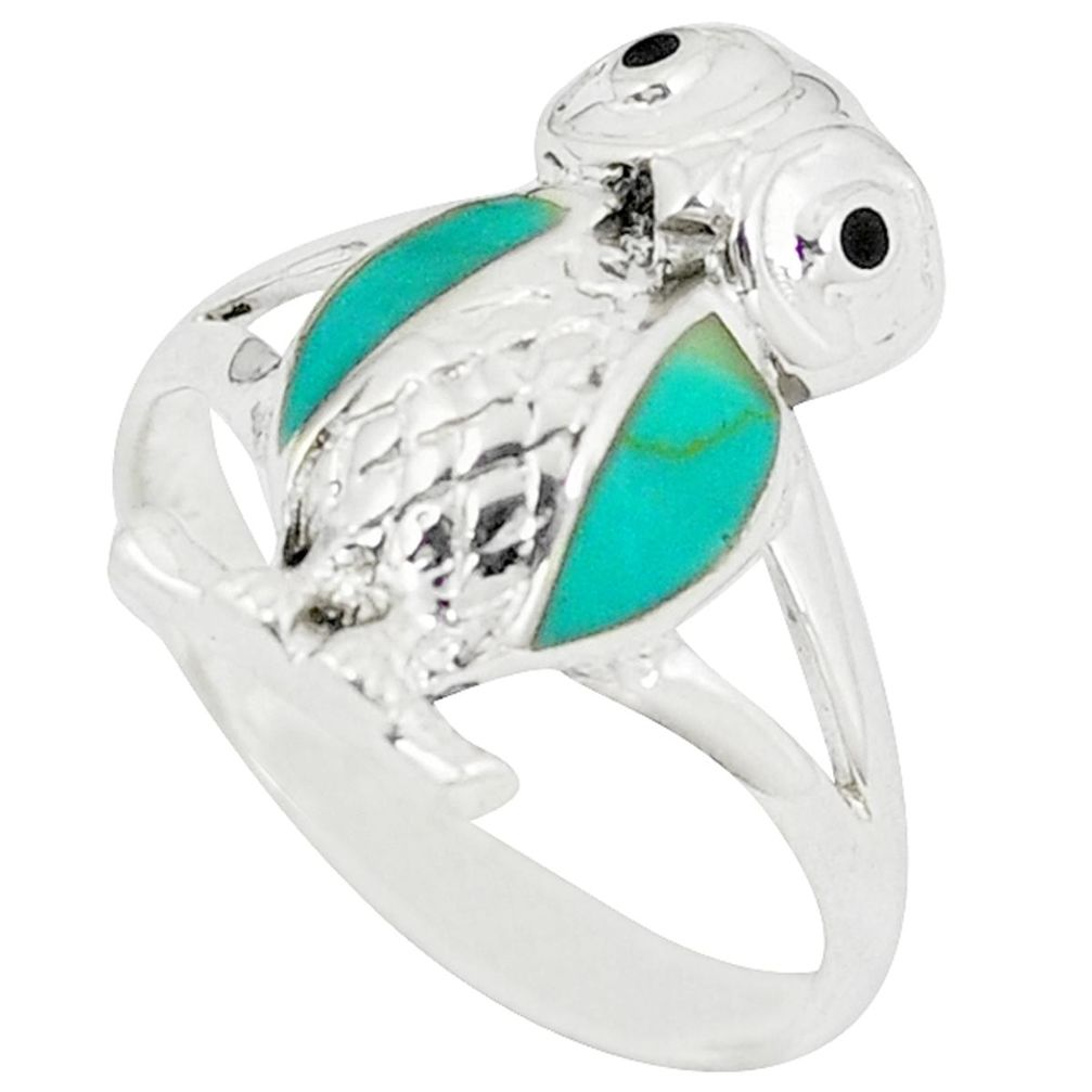 Clearance Sale-Fine green turquoise onyx enamel 925 silver owl ring jewelry size 8 a49979