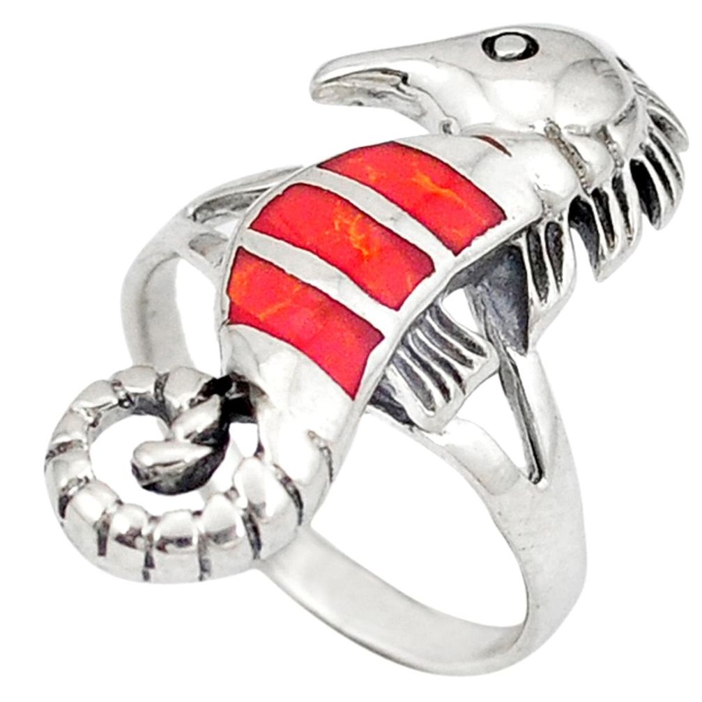 Clearance Sale-Red sponge coral enamel 925 silver seahorse ring jewelry size 6 a50050