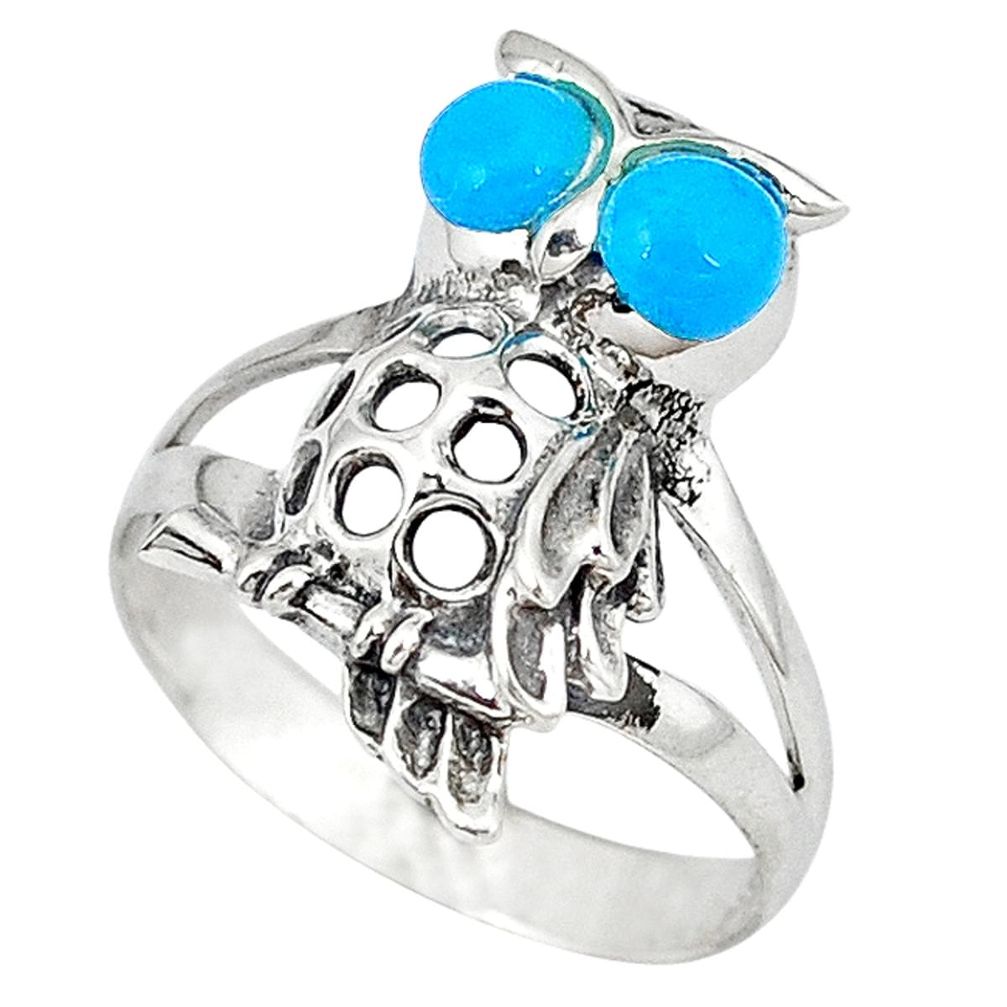 Clearance Sale-925 sterling silver fine blue turquoise round owl ring jewelry size 6.5 a50058