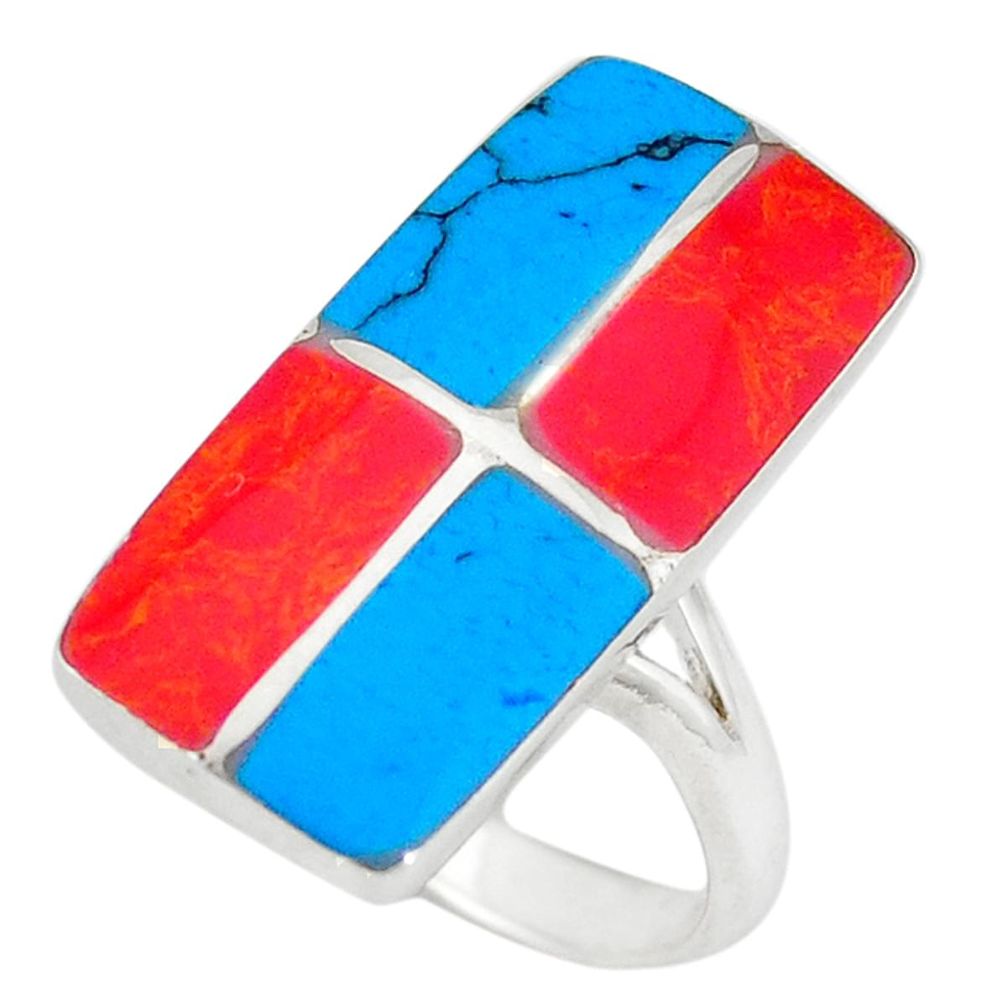 Clearance Sale-Fine blue turquoise coral enamel 925 sterling silver ring size 6.5 a50060