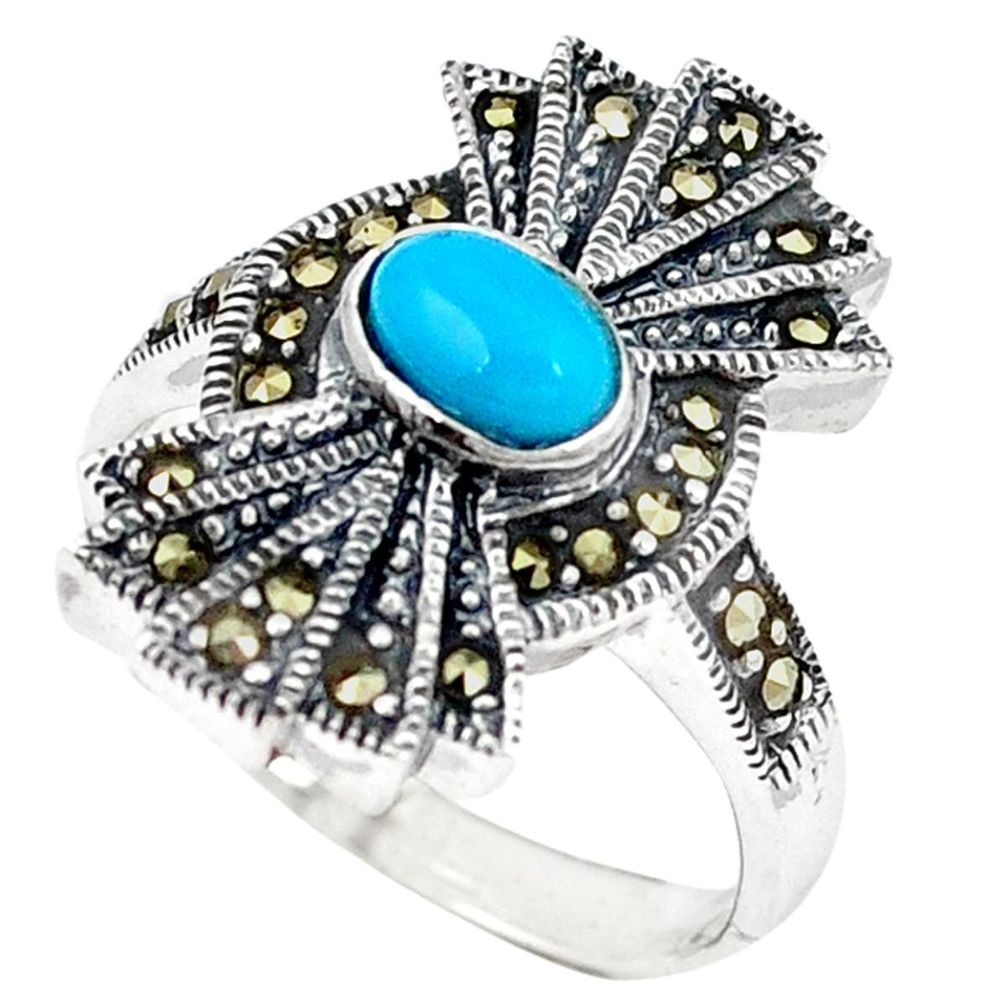 Blue sleeping beauty turquoise marcasite 925 silver ring size 7.5 a50439