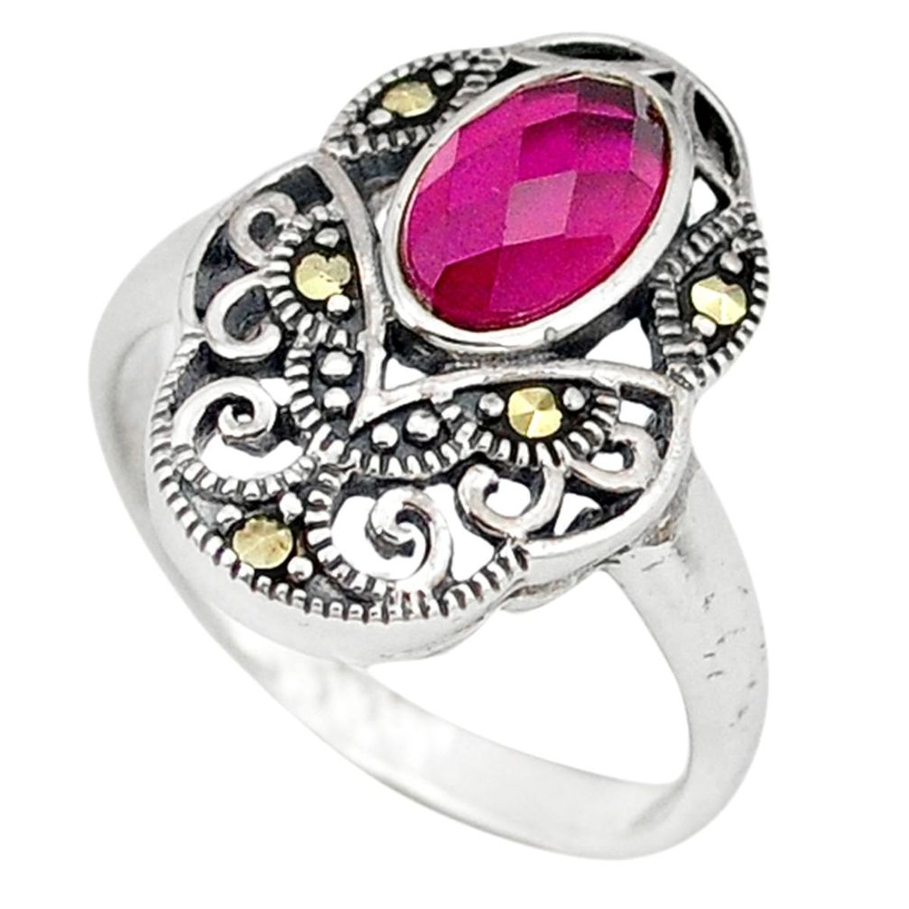 Clearance Sale-Red ruby quartz marcasite 925 sterling silver ring jewelry size 8.5 a50449