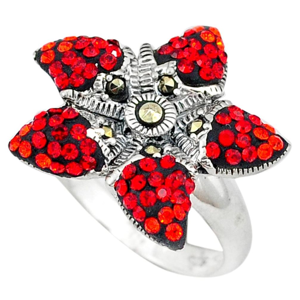 Clearance Sale-Red garnet quartz marcasite 925 sterling silver ring size 6.5 a50458