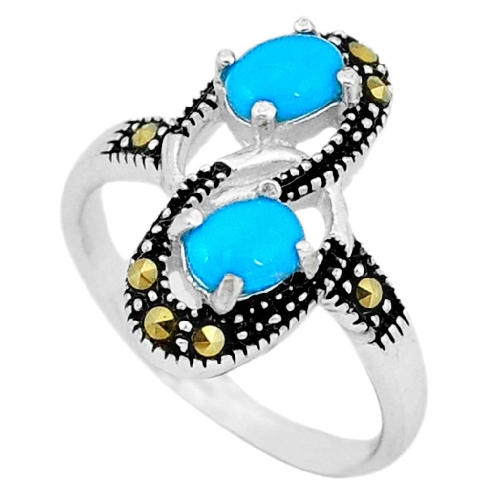 Clearance Sale-Blue sleeping beauty turquoise marcasite 925 silver ring size 5.5 a50479