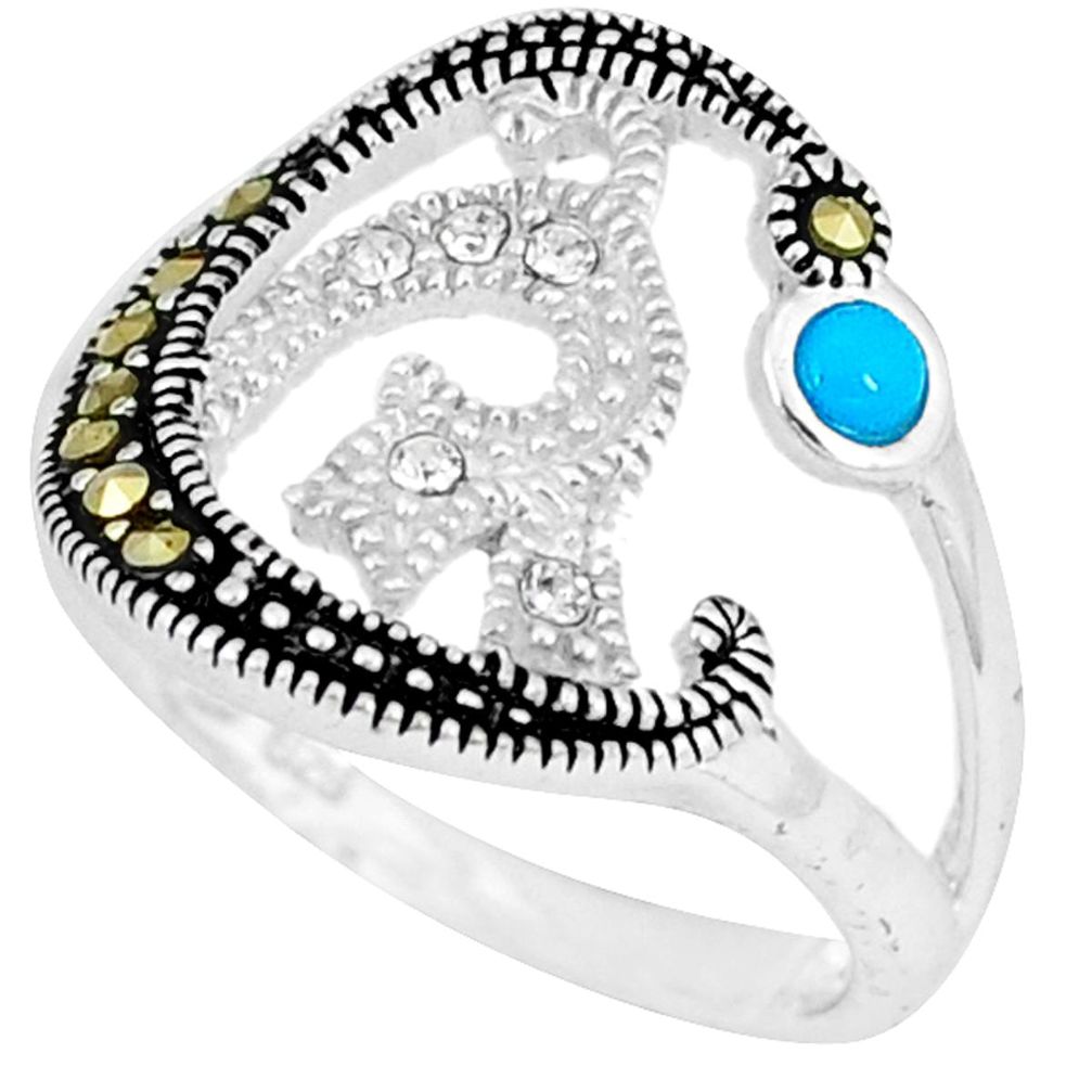 Clearance Sale-Blue sleeping beauty turquoise marcasite 925 silver ring size 7.5 a50513