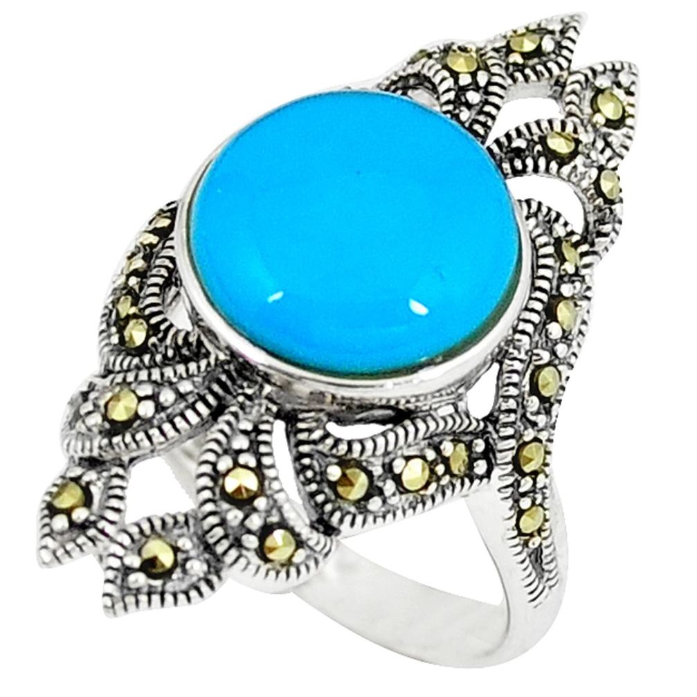 Blue sleeping beauty turquoise marcasite 925 silver ring size 6.5 a50590