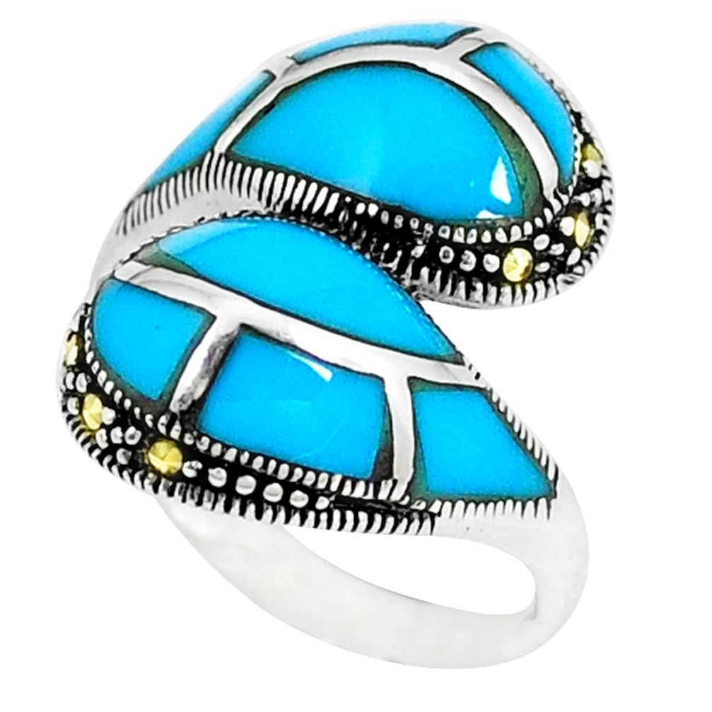 Clearance Sale-Blue sleeping beauty turquoise marcasite 925 silver ring size 5.5 a50595