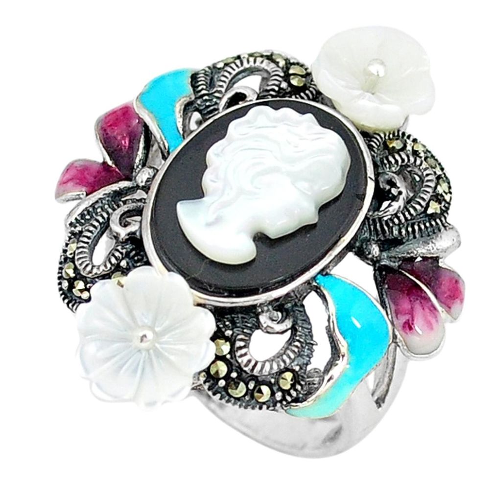 Clearance Sale-925 sterling silver natural blister pearl marcasite enamel ring size 7.5 a50824