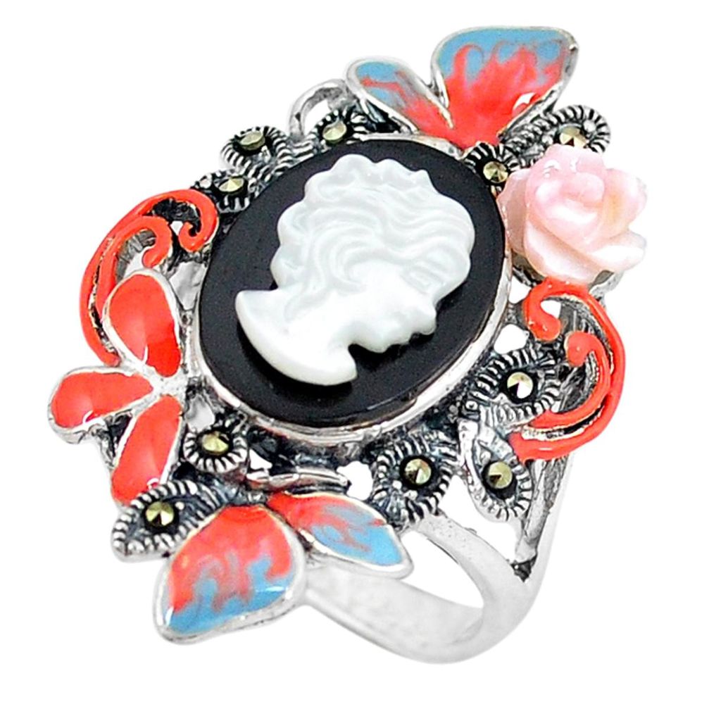 Clearance Sale-925 sterling silver natural blister pearl marcasite enamel ring size 7.5 a50831