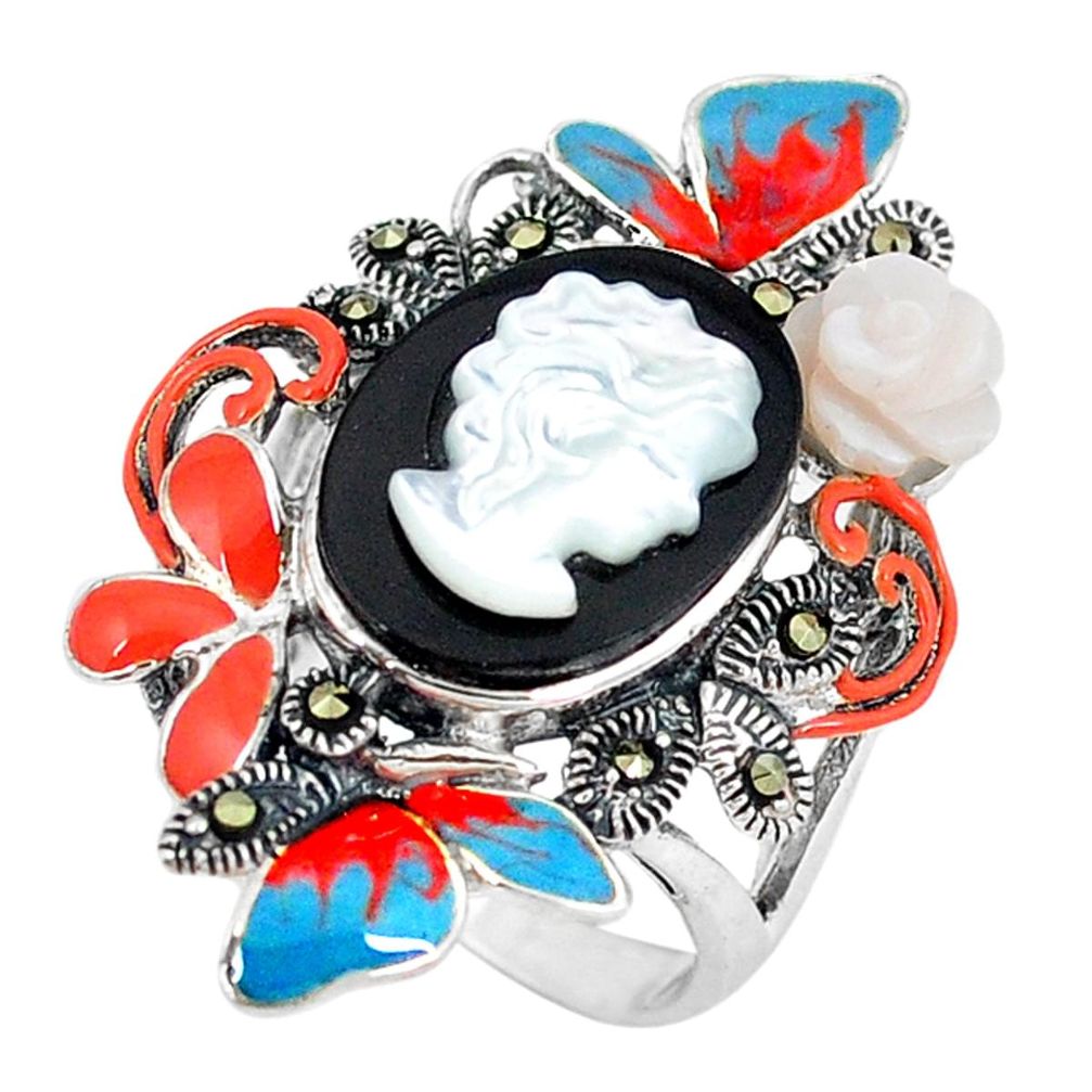 Clearance Sale-Natural blister pearl marcasite enamel 925 sterling silver ring size 6.5 a50835