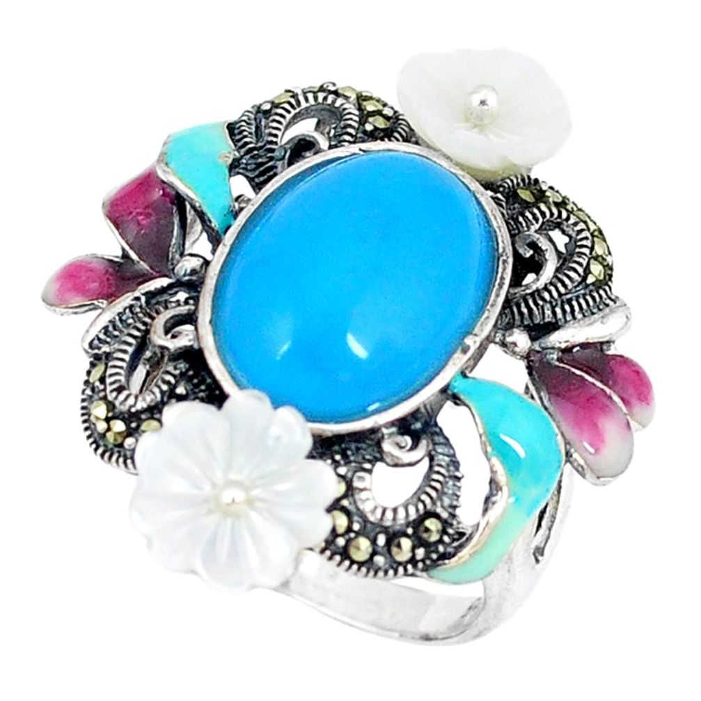 Clearance Sale-Blue sleeping beauty turquoise marcasite enamel 925 silver ring size 7.5 a50853