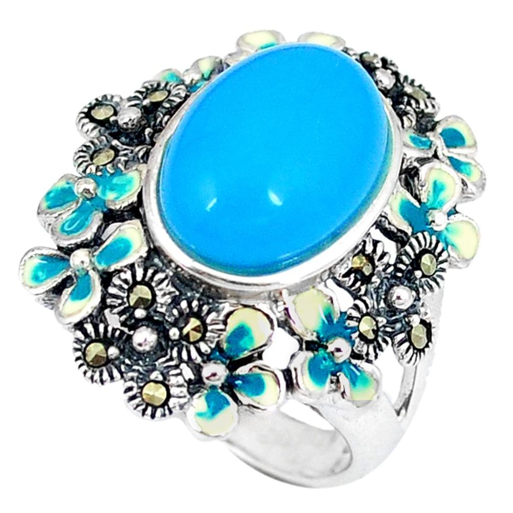 Blue sleeping beauty turquoise marcasite enamel 925 silver ring size 6.5 a50861