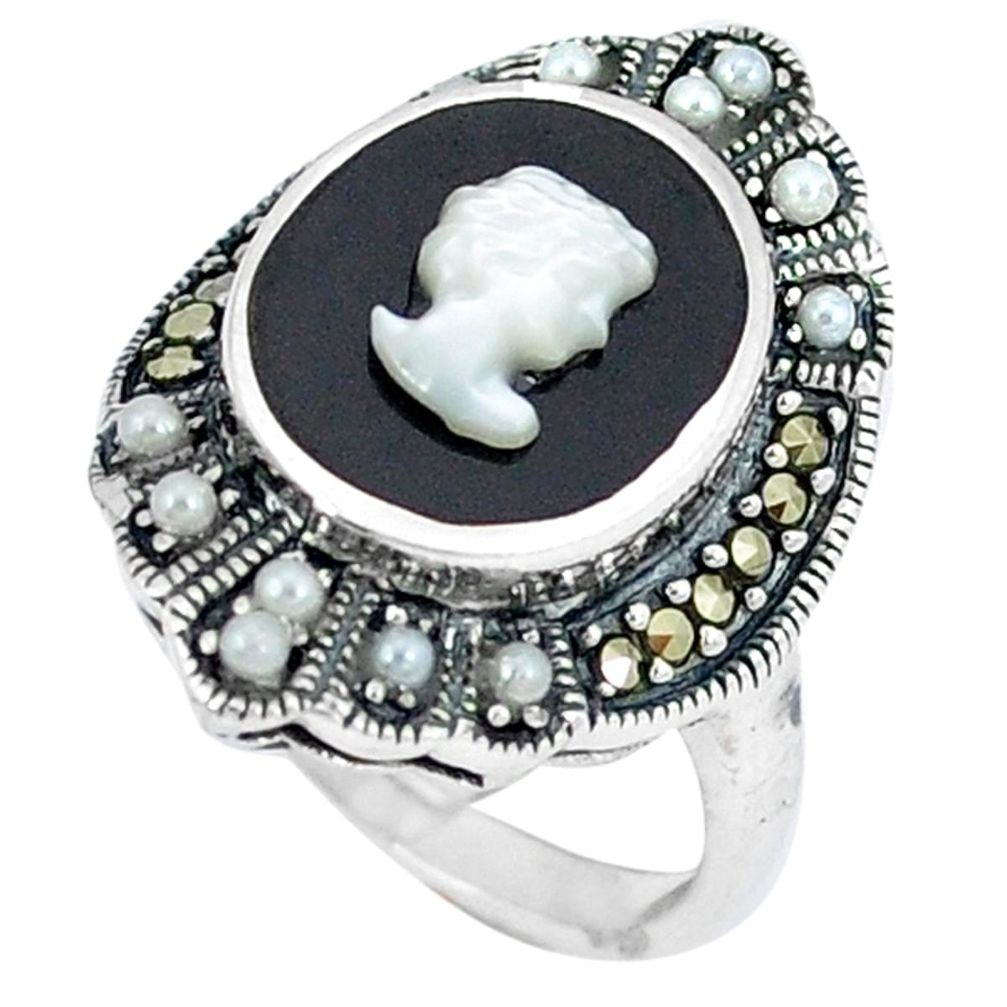 Clearance Sale-Natural white blister pearl marcasite 925 sterling silver ring size 6 a50908