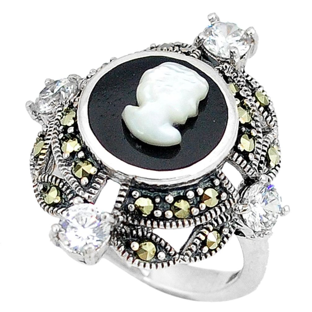 Clearance Sale-Natural white blister pearl marcasite 925 sterling silver ring size 7 a50919