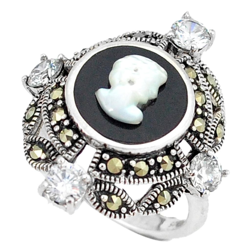 Clearance Sale-925 sterling silver natural white blister pearl marcasite ring size 7.5 a50920