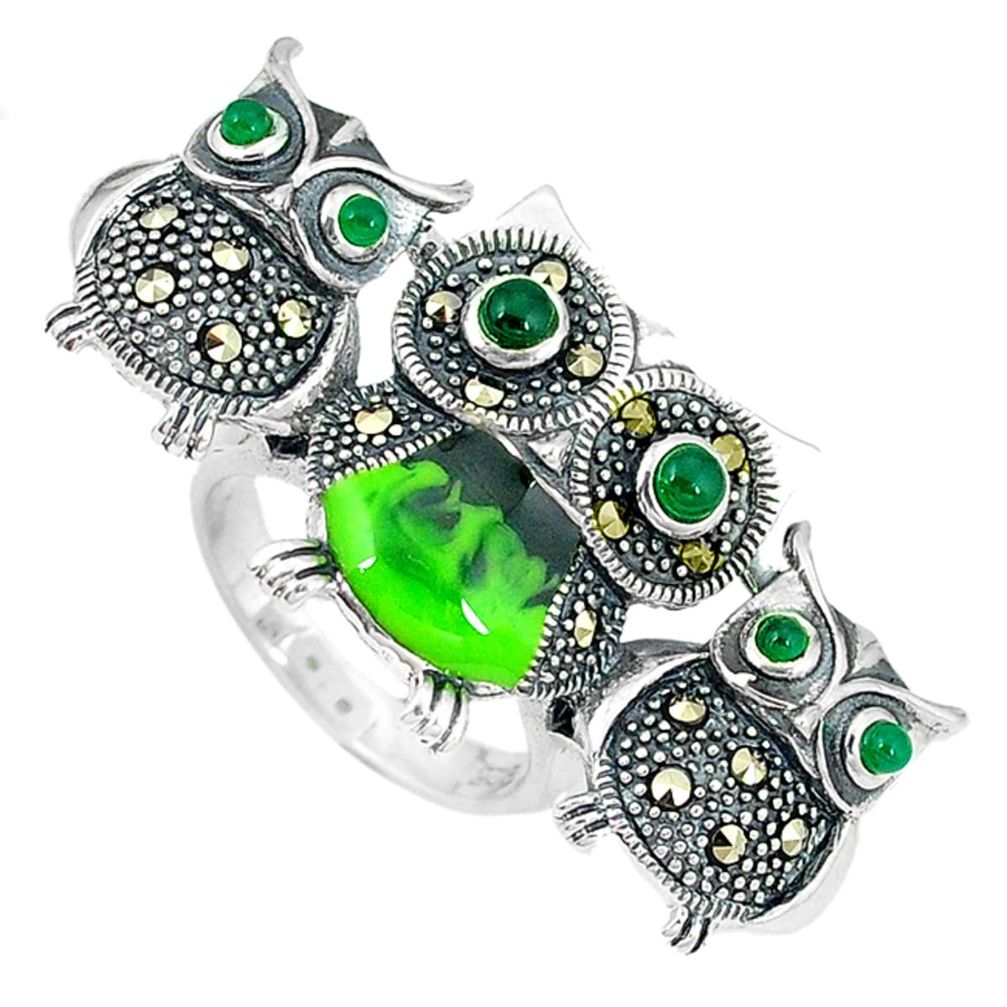 Clearance Sale-925 silver natural green chalcedony marcasite owl ring jewelry size 6 a50931