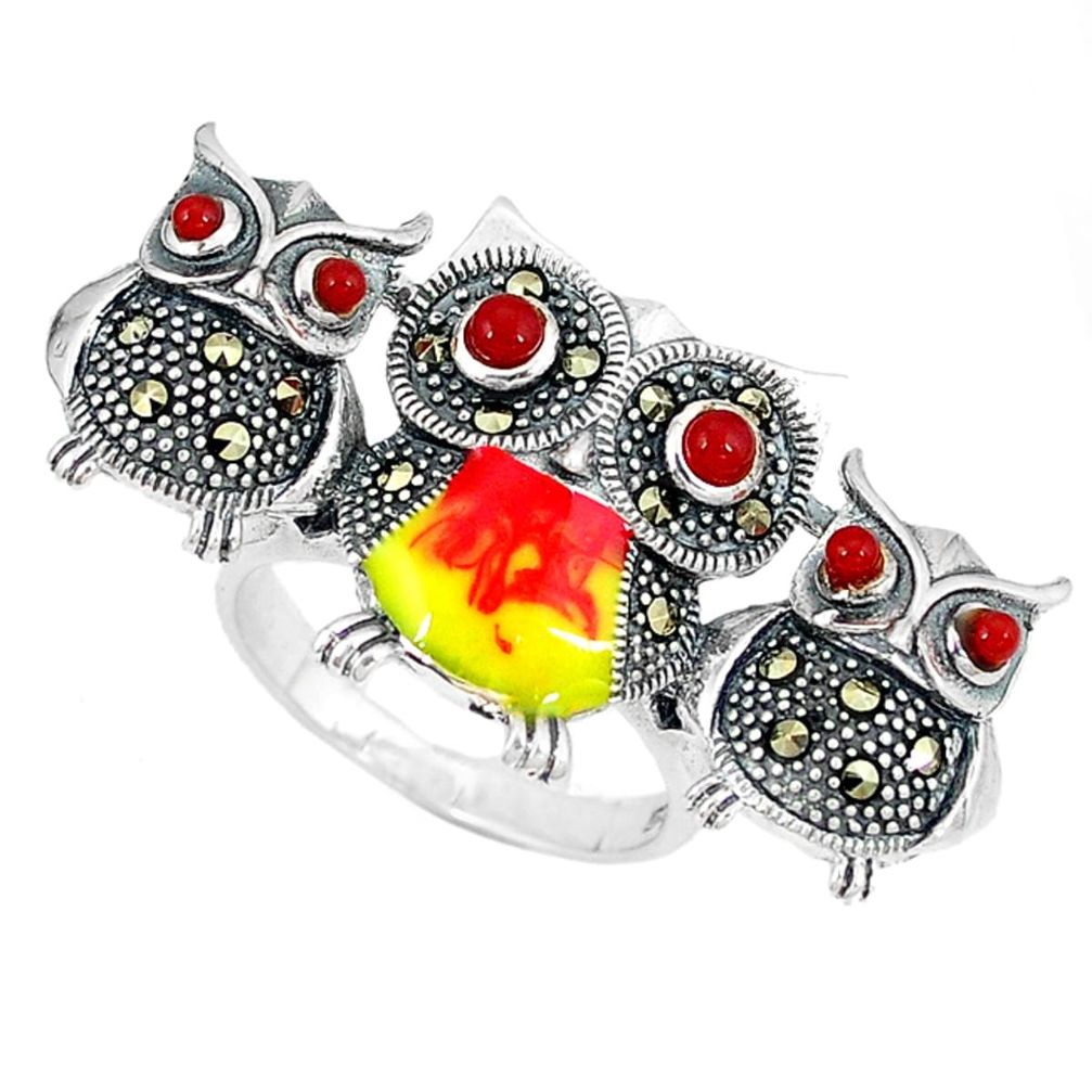 Clearance Sale-Natural honey onyx marcasite enamel 925 silver owl ring size 8.5 a50947