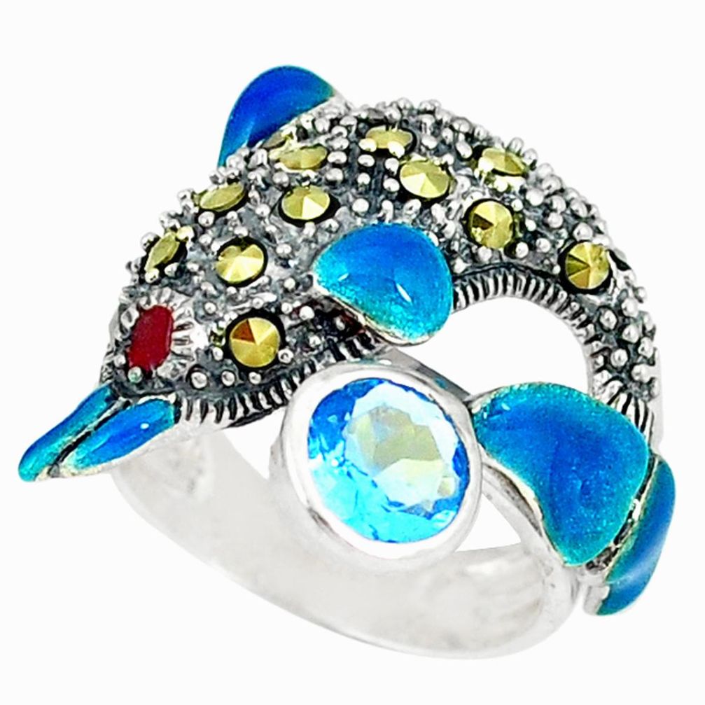 Clearance Sale-Natural blue topaz swiss marcasite 925 silver dolphin ring size 5.5 a50997