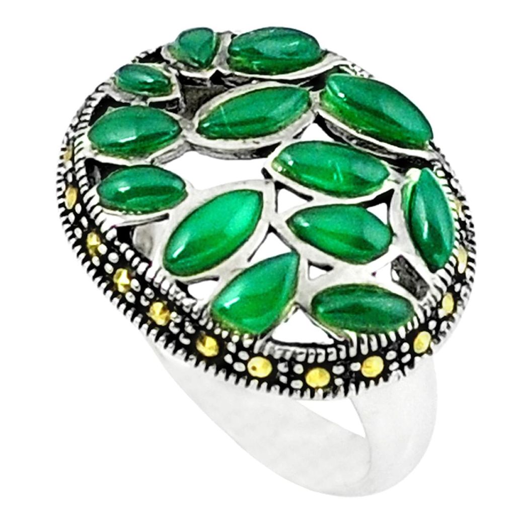 Clearance Sale-Natural green chalcedony swiss marcasite 925 silver ring size 6.5 a51071