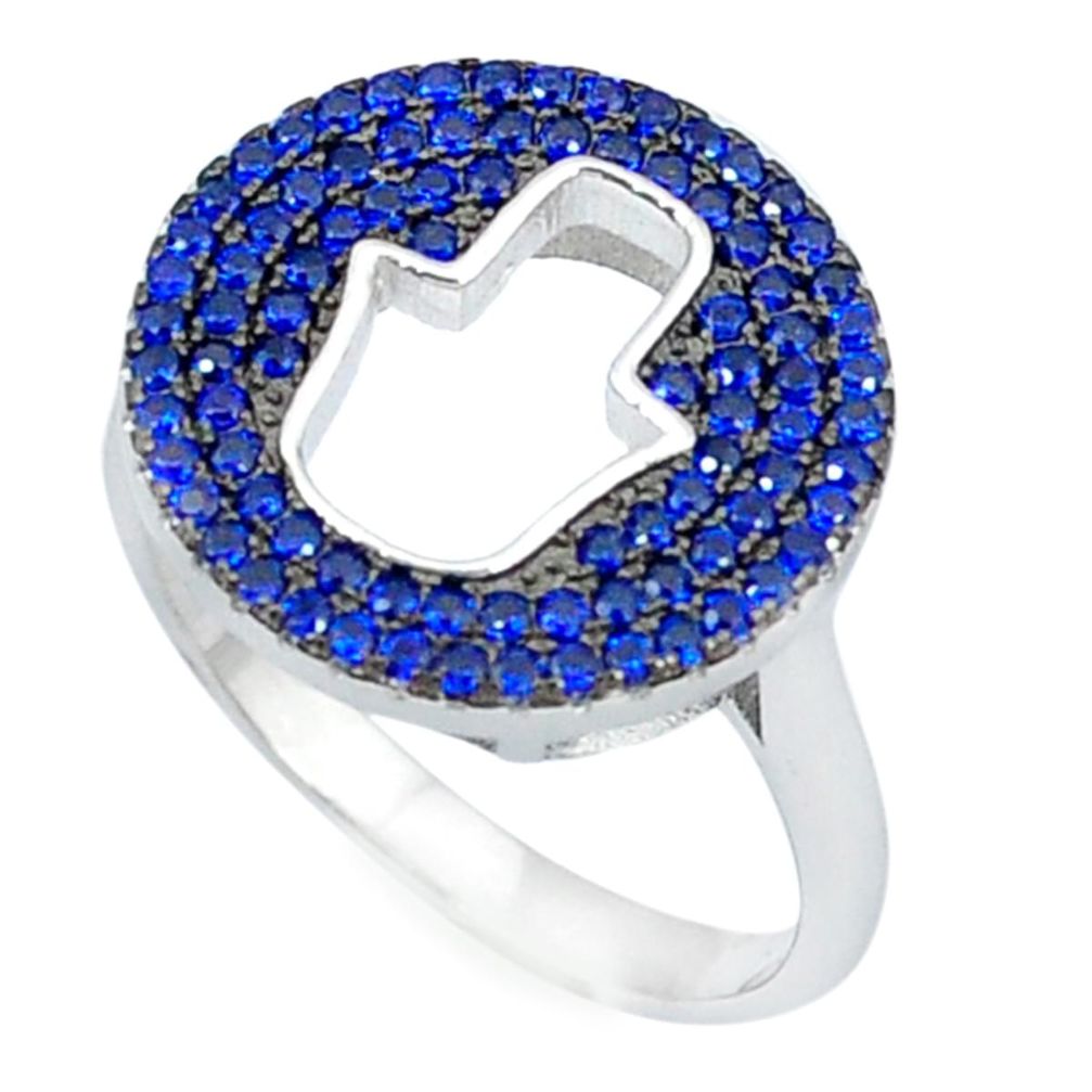 Clearance Sale-925 silver blue sapphire quartz round hand of god hamsa ring size 8.5 a52040