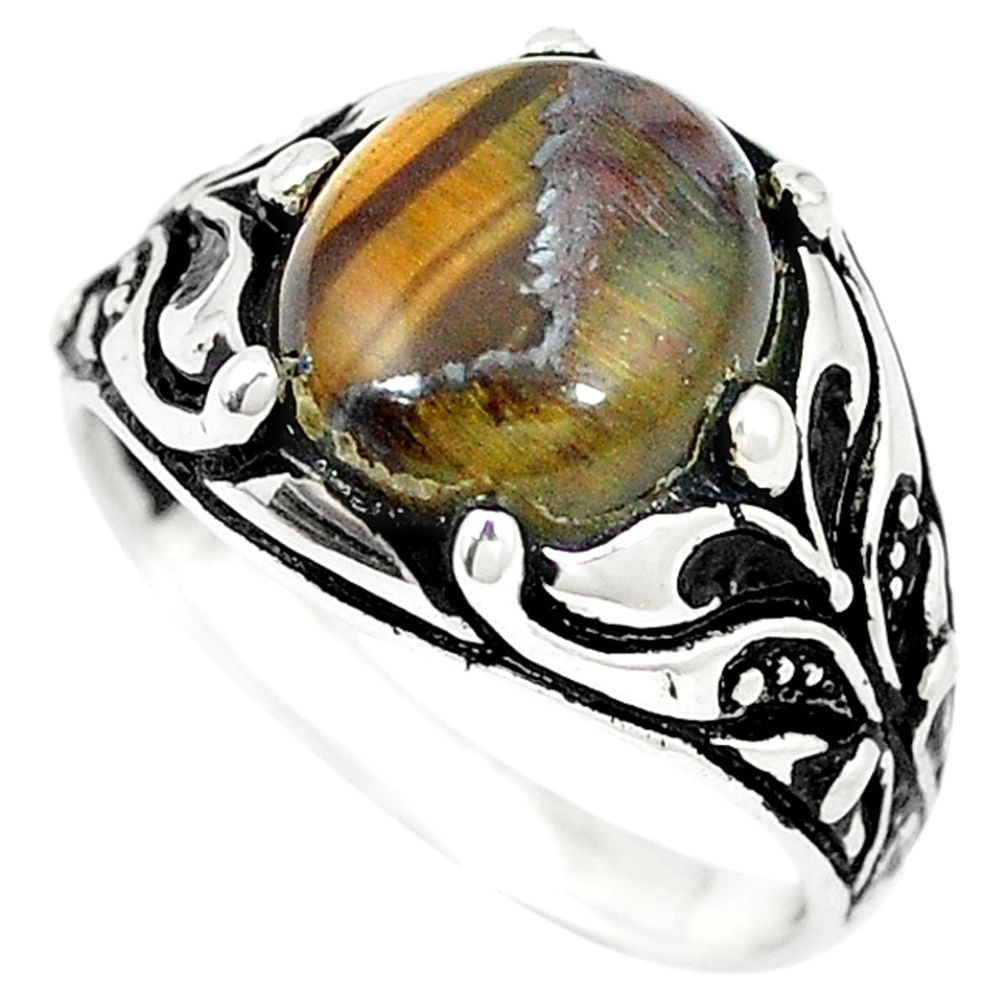 Clearance Sale-925 sterling silver natural brown tiger's hawks eye mens ring size 7.5 a52330