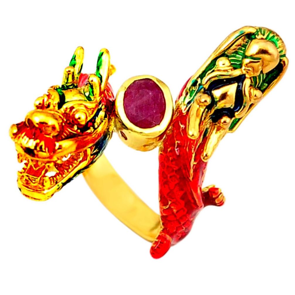 Clearance Sale-Handmade natural ruby enamel 925 silver gold dragon thai ring size 7.5 a53243