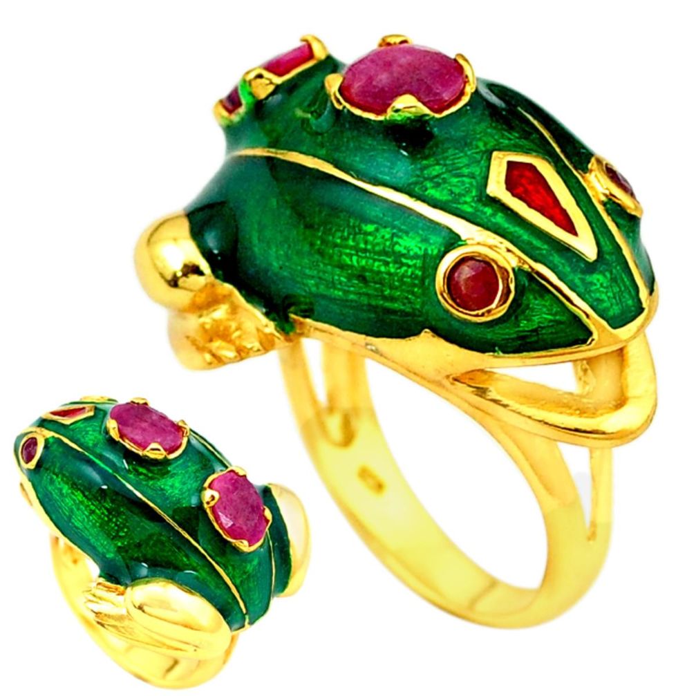 Clearance Sale-Handmade natural red ruby enamel 925 silver gold frog thai ring size 7.5 a53284