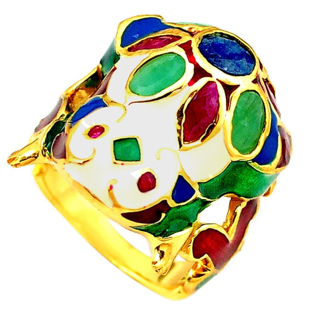 Clearance Sale-925 silver handmade natural green emerald ruby gold frog thai ring size 9 a53285