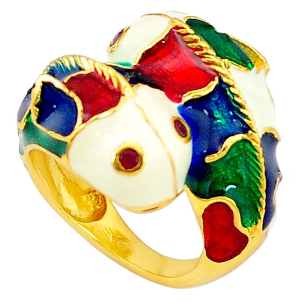 Clearance Sale-Handmade natural red ruby enamel 925 silver gold fish thai ring size 6 a53307